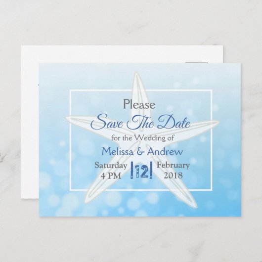 Blue Starfish Beach Themed Wedding Save the Date Ankündigungspostkarte (Vorne/Hinten)