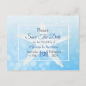Blue Starfish Beach Themed Wedding Save the Date Ankündigungspostkarte (Vorderseite)