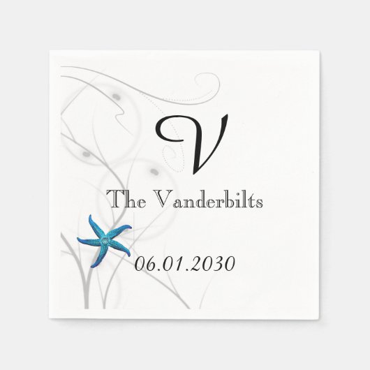 Blue Starfish mit Silver Coral Hochzeit Serviette (Vorderseite)