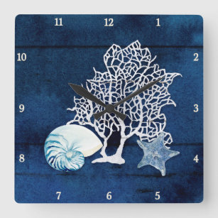 Blue Starfish Nautilus Coral Sea Wasserfarbe Quadratische Wanduhr