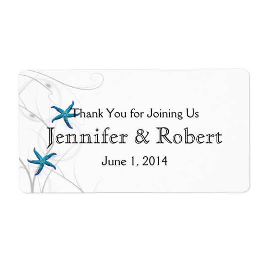 Blue Starfish Silver Wedding Water Flasche Label (Vorne)