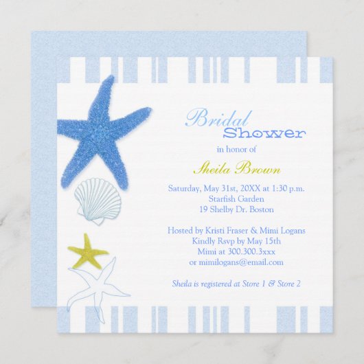 Blue Starfish & Stripes Beach Brautparty Einladung (Vorne/Hinten)