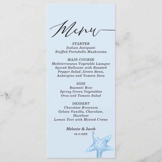 Blue Starfish Summer Wedding Flat Menu Card Menükarte (Vorderseite)