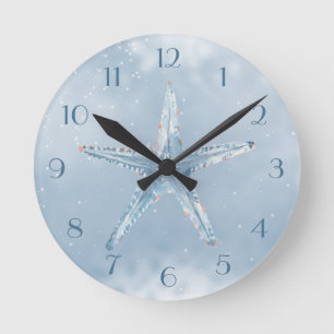 Blue Starfish With Stars Runde Wanduhr