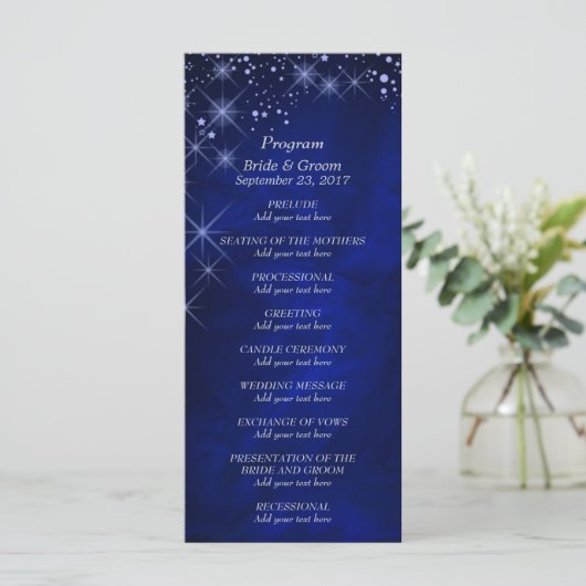 Blue Starry Night Wedding Program Rack Card Programm (Stehend Vorderseite)
