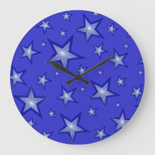 Blue Stars clock round black Große Wanduhr