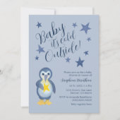 Blue Stars Winter Penguin Baby Dusche Einladung (Vorderseite)