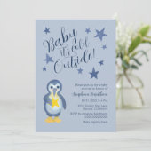 Blue Stars Winter Penguin Baby Dusche Einladung (Stehend Vorderseite)