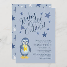 Blue Stars Winter Penguin Baby Dusche