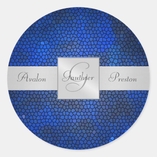 Blue Stated Glass Monogram Wedcker Runder Aufkleber (Vorderseite)