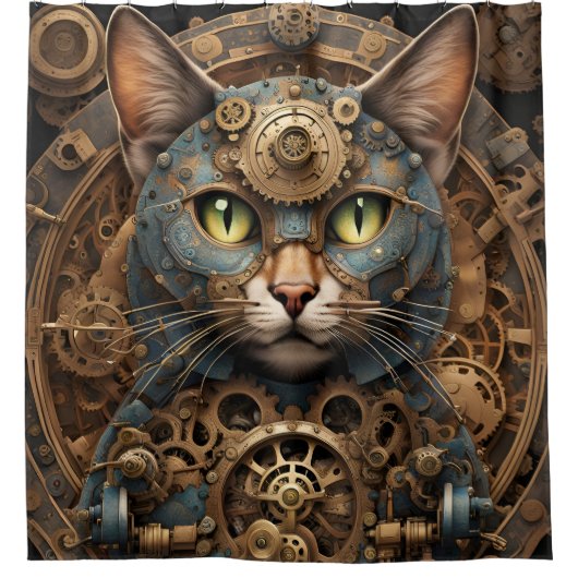 Blue Steampunk Cat AI Art Duschvorhang (Vorderseite)