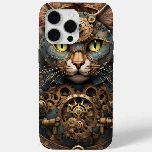 Blue Steampunk Cat AI art iPhone 15 Pro Max Case (Rückseite)