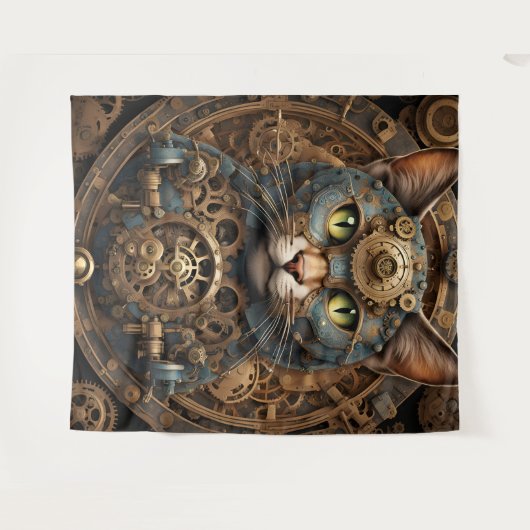 Blue Steampunk Cat AI Art Tapestry Wandteppich (Vorderseite (Horizontal))