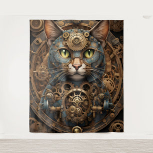 Blue Steampunk Cat AI Art Tapestry Wandteppich