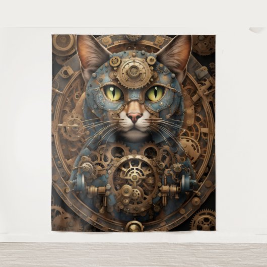 Blue Steampunk Cat AI Art Tapestry Wandteppich (Vorderseite)