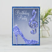 Blue Stiletto & Treble Clef Geburtstag Einladung (Stehend Vorderseite)