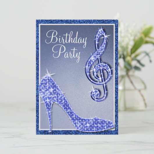 Blue Stiletto & Treble Clef Geburtstag Einladung (Stehend Vorderseite)