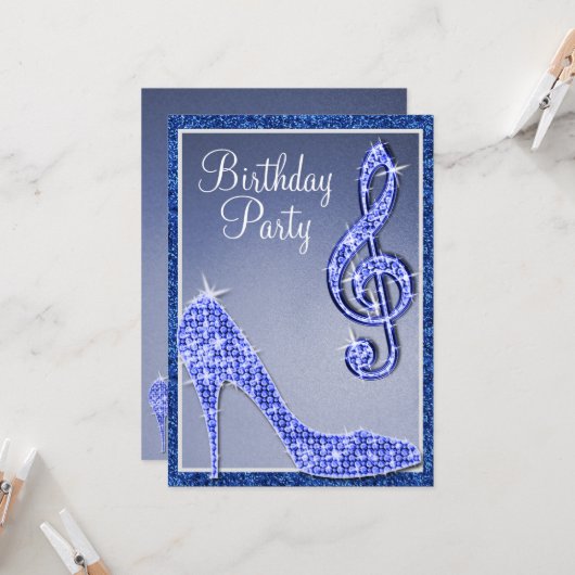 Blue Stiletto & Treble Clef Geburtstag Einladung (Vorderseite/Rückseite Beispiel)
