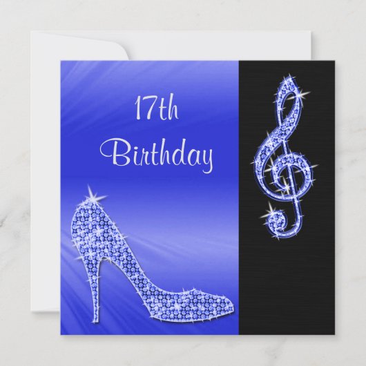Blue Stiletto & Treble Cleft 17. Geburtstag Einladung (Vorderseite)