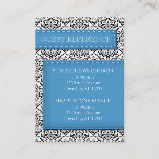 Blue Stitched Damask Wedding Guest Reference Cards Visitenkarte (Vorderseite)