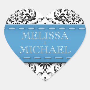 Blue Stitched Damask Wedding Heart Umschlag Aufkle Herz-Aufkleber