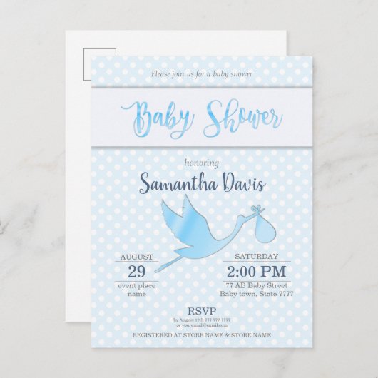 Blue Stork Baby Boy Baby Dusche Einladungspostkarte (Vorne/Hinten)