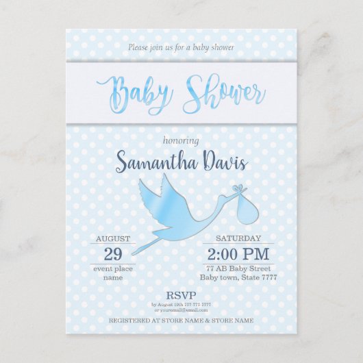 Blue Stork Baby Boy Baby Dusche Einladungspostkarte (Vorderseite)
