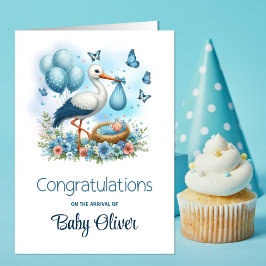 Blue Stork Baby Boy Gratulation Karte