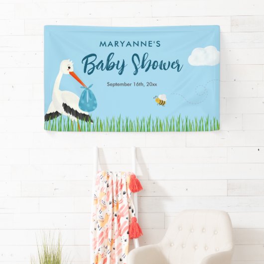 Blue Stork Baby Dusche Banner (Insitu)
