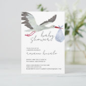 Blue Stork Baby Dusche Einladung (Stehend Vorderseite)