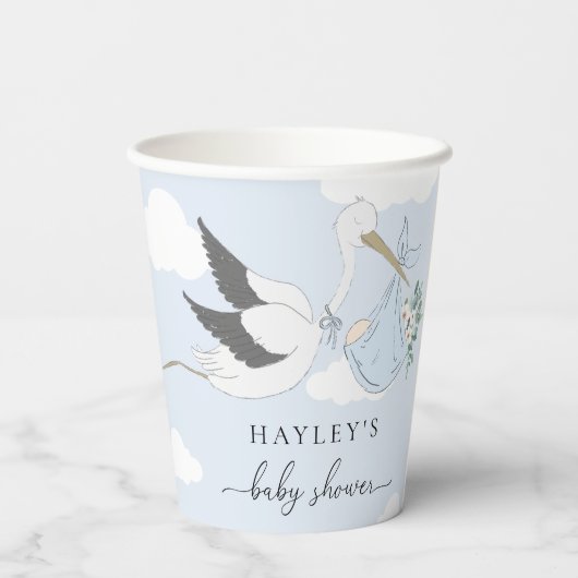 Blue Stork Baby Dusche Pappbecher (Rückseite)