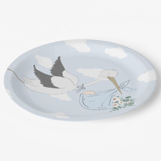 Blue Stork Baby Dusche Pappteller (Schrägansicht)