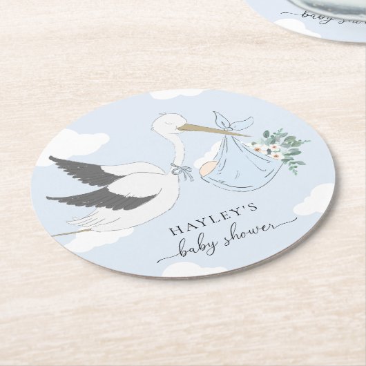 Blue Stork Baby Dusche Runder Pappuntersetzer (Angewinkelt)