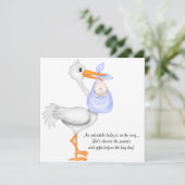 Blue Stork Baby Shower Boy Einladung Ankündigung (Stehend Vorderseite)