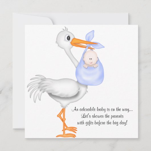 Blue Stork Baby Shower Boy Einladung Ankündigung (Vorderseite)