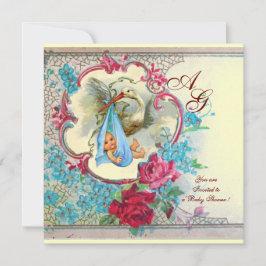 BLUE STORK BOY BABY SHOWY PINK ROSES White Einladung