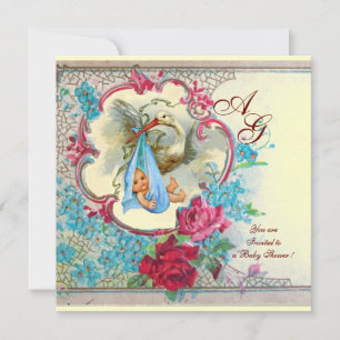 BLUE STORK BOY BABY SHOWY PINK ROSES White Einladung