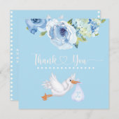 Blue Stork Monogram Floral Baby Dusche Vielen Dank Dankeskarte (Vorne/Hinten)