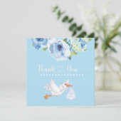 Blue Stork Monogram Floral Baby Dusche Vielen Dank Dankeskarte (Stehend Vorderseite)