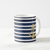 Blue Streifen & Gold Anker Nautic Kaffeetasse (VorderseiteRechts)