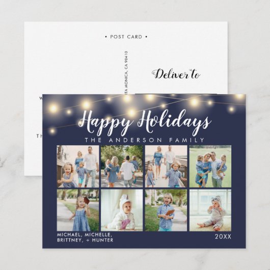 Blue String Lights Foto Collage Holiday Postkarte (Vorne/Hinten)