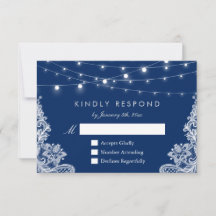 Blue String Lights Lace Wedding RSVP Antwort