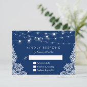 Blue String Lights Lace Wedding RSVP Antwort (Stehend Vorderseite)