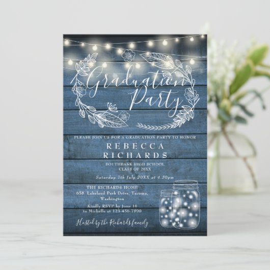 Blue String Lights Mason Jars Graduation Party Einladung (Stehend Vorderseite)
