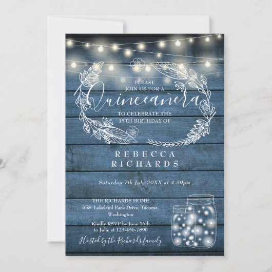 Blue String Lights Mason Jars Quinceañera 15. Einladung (Vorderseite)