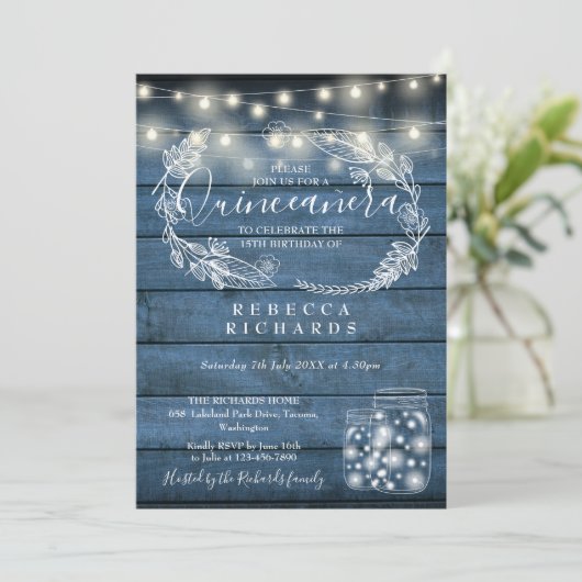 Blue String Lights Mason Jars Quinceañera 15. Einladung (Stehend Vorderseite)