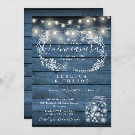Blue String Lights Mason Jars Quinceañera 15. Einladung (Vorne/Hinten)