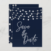 Blue String Lights Modern Script Save the Date Ankündigungspostkarte (Vorne/Hinten)