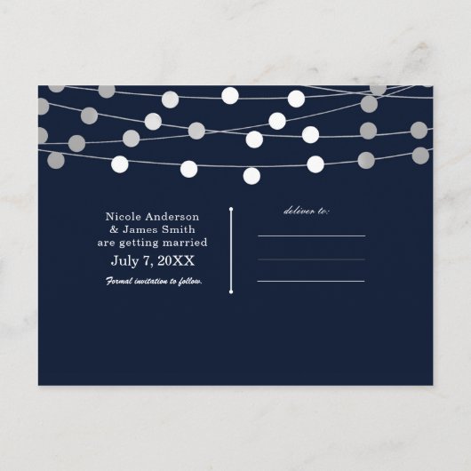 Blue String Lights Modern Script Save the Date Ankündigungspostkarte (Rückseite)
