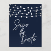 Blue String Lights Modern Script Save the Date Ankündigungspostkarte (Vorderseite)